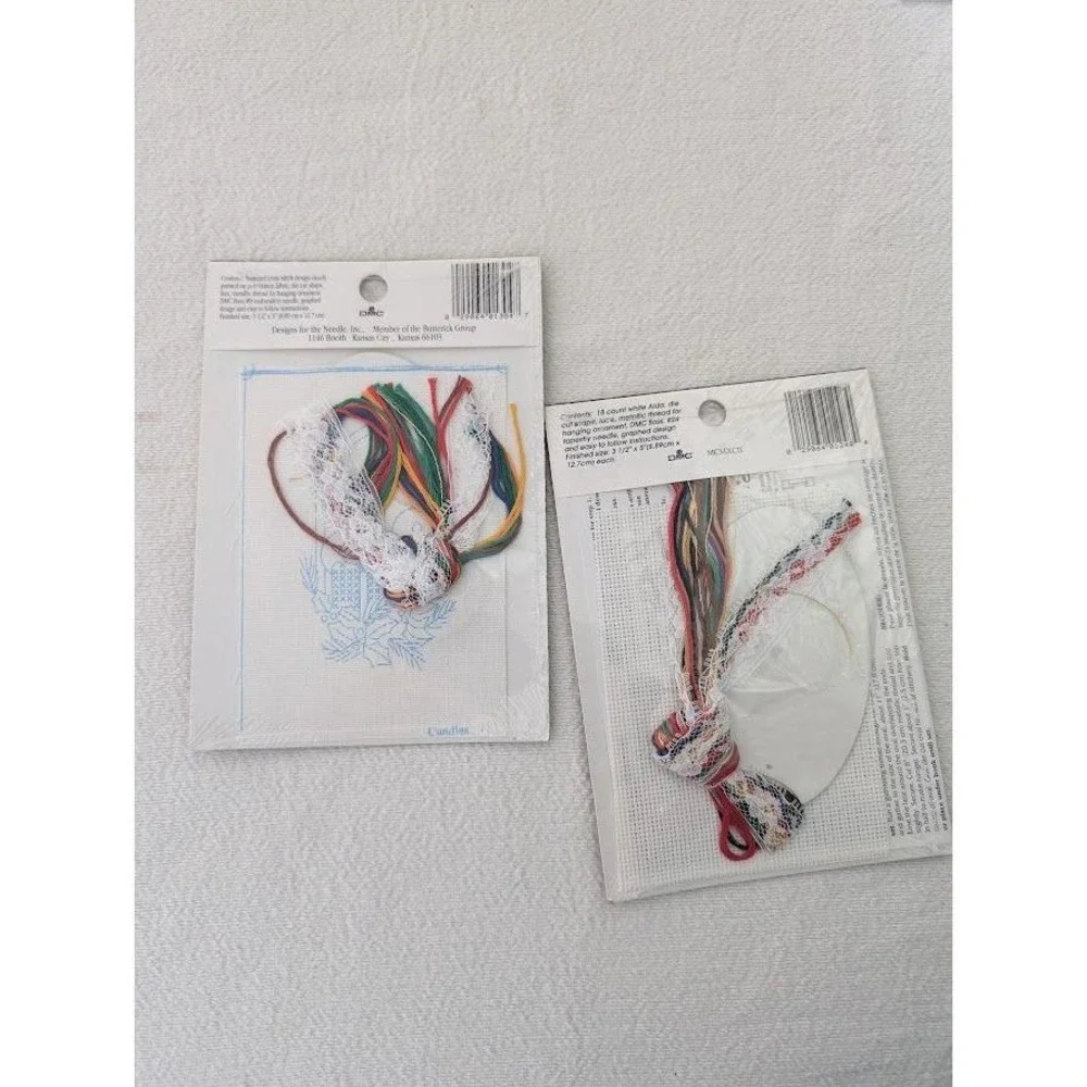 2 DMC Counted Cross Stitch Kit Lace Ornament 1248 Puppy 1304 Candles Christmas